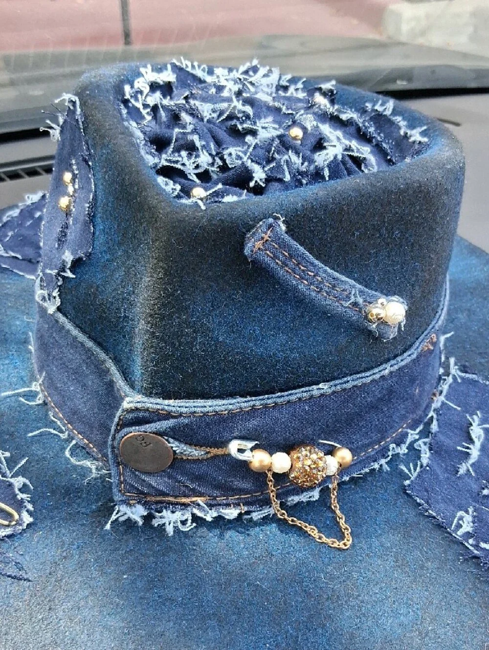 Handcrafted Navy Denim Distressed Fedora Hat
